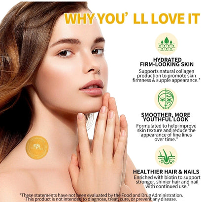Woman with hydrated skin, smooth texture, and healthier hair and nails with product application on neck.