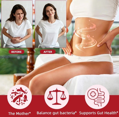 A promotional graphic showing a woman seated on a bed with a close-up of her torso, alongside before-and-after inset photos of a woman holding her stomach. Pink glowing arrows trace the abdomen, and three circular icons at the bottom feature red symbols with text reading 'The Mother,' 'Balance gut bacteria,' and 'Supports Gut Health.