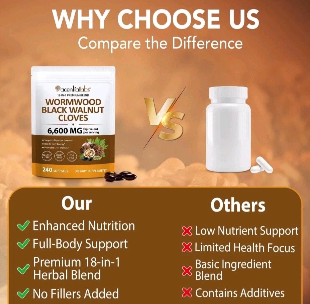 Comparison chart between Wormwood Black Walnut Cloves supplement packaging and a white bottle, with text highlighting benefits.
