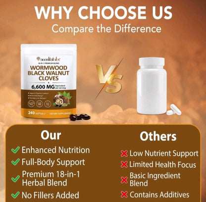 Comparison chart between Wormwood Black Walnut Cloves supplement packaging and a white bottle, with text highlighting benefits.