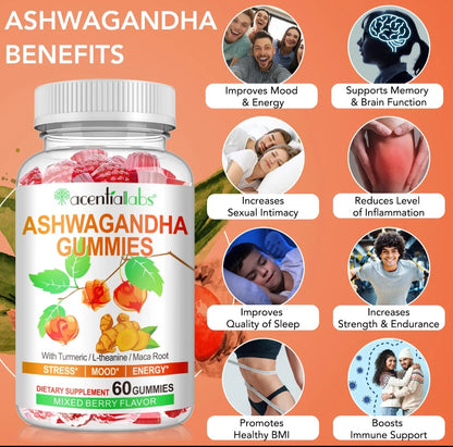 Bottle of Ashwagandha gummies with benefits listed on an orange background