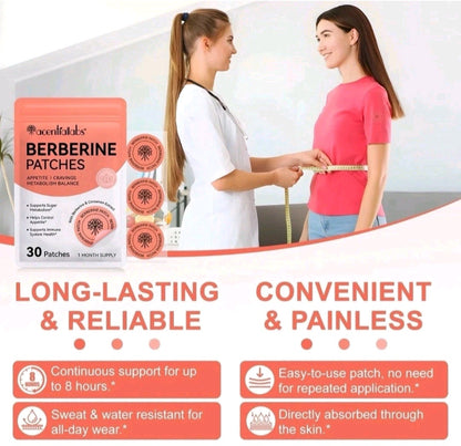 Berberine patches packaging with a woman measuring waistline, labeled as long-lasting and reliable.