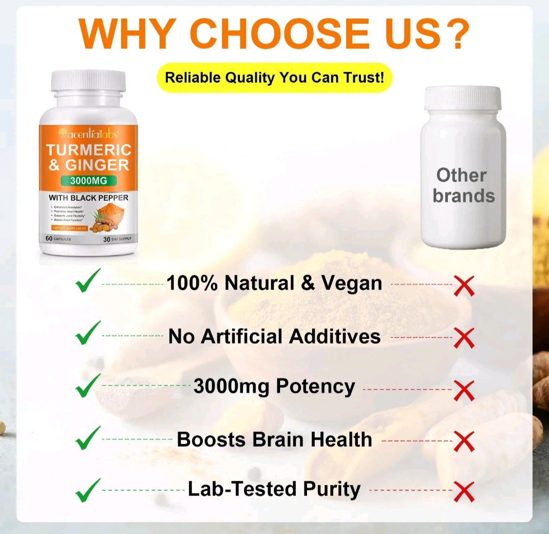 Turmeric and ginger supplement bottle with comparison to 'Other brands' on a light background.