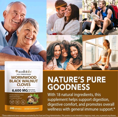 Supplement package with people enjoying activities and a couple embracing, labeled 'Nature's Pure Goodness'.