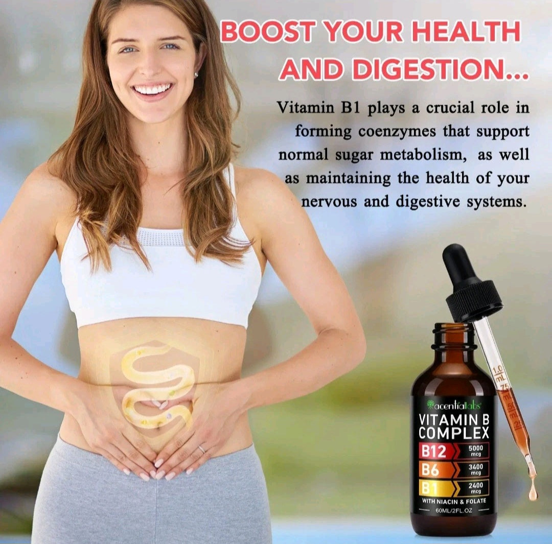 Woman holding a bottle of Vitamin B Complex with text about health and digestion.