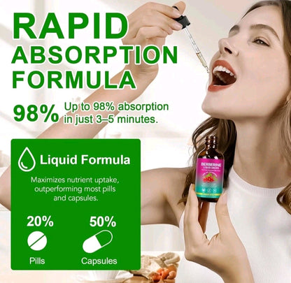 Person using a dropper with a supplement bottle, highlighting rapid absorption formula benefits.