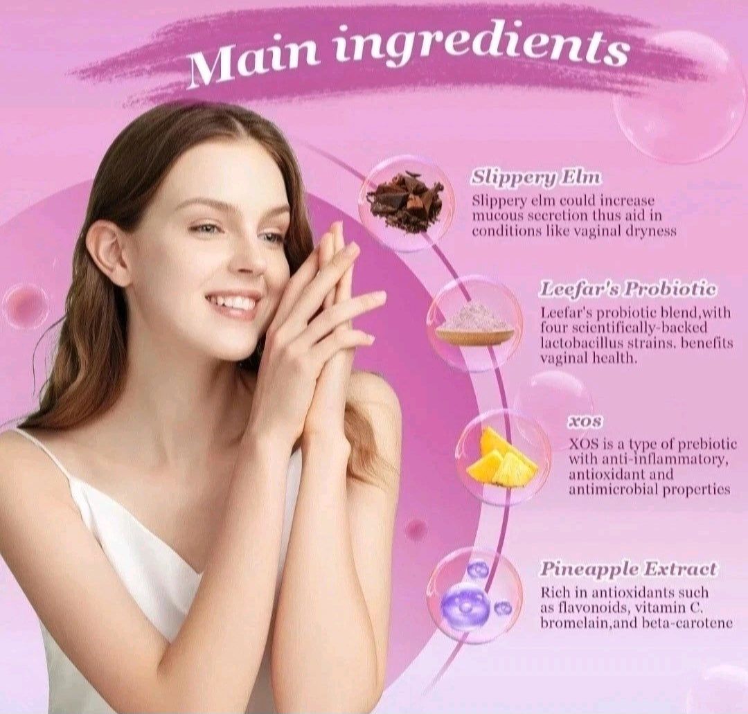 Woman with hands on face against a pink background with product ingredients listed.