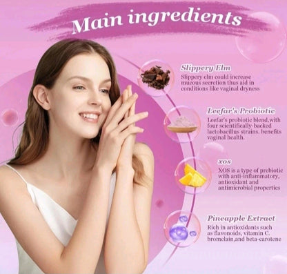 Woman with hands on face against a pink background with product ingredients listed.