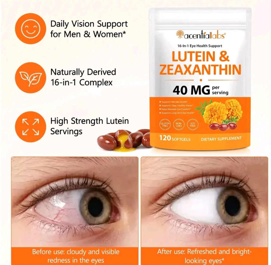A supplement package for acentialabs Lutein & Zeaxanthin dietary supplement shown on a white infographic-style background with three orange callout icons and before/after eye photos. The package is white and orange with product name, dosage, and softgel count visible.