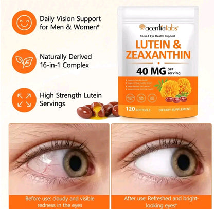 A supplement package for acentialabs Lutein & Zeaxanthin dietary supplement shown on a white infographic-style background with three orange callout icons and before/after eye photos. The package is white and orange with product name, dosage, and softgel count visible.