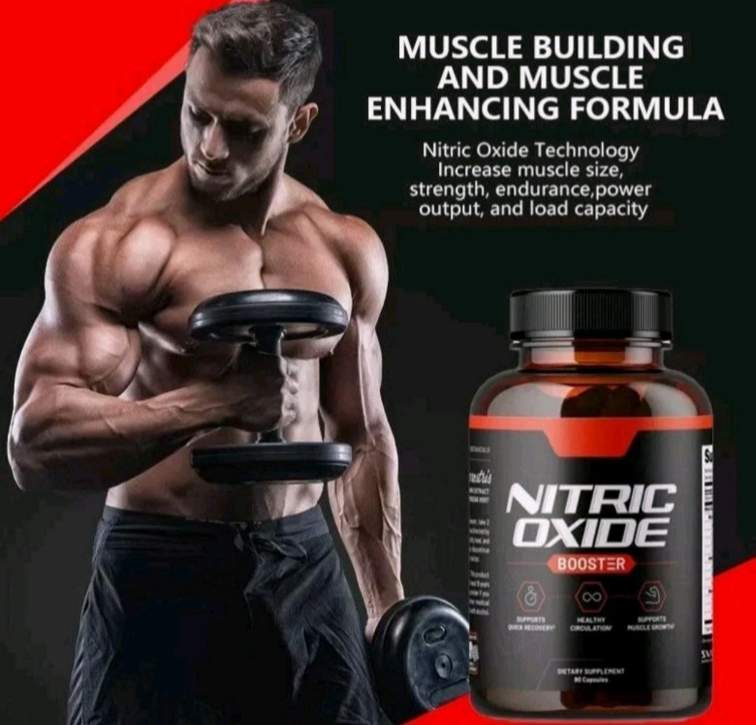 Man lifting weights with a supplement bottle labeled 'Nitric Oxide Booster' on a red and black background.