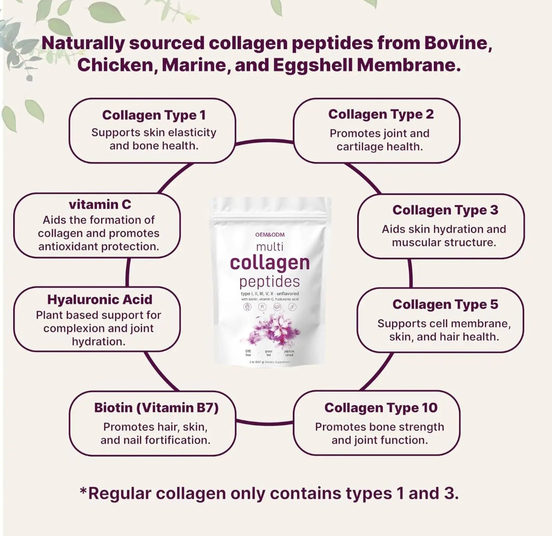 Diagram of collagen types and benefits with a package of Dermaroller multi collagen peptides in the center.