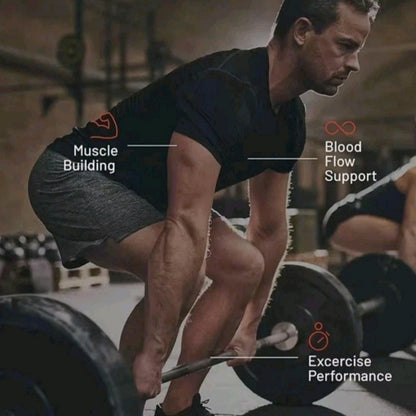 Man exercising in a gym beside Nitric Oxide Booster marketing callouts.