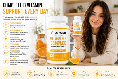 A woman in a kitchen setting holds a small bottle of Vitaros Nutrition Vitamin B Complex next to a large product jar, with text callouts on the left detailing benefits and who it is ideal for.