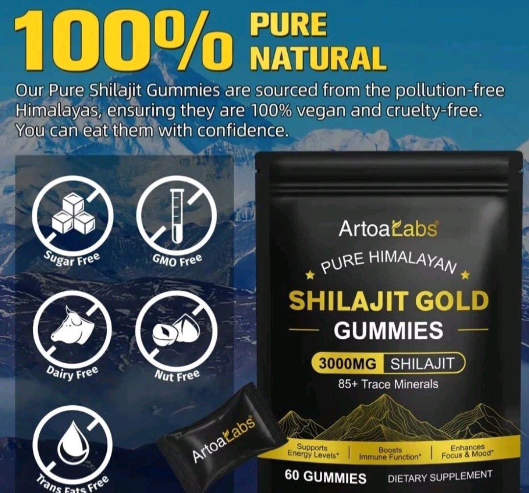 Artoa Labs Shilajit Gold Gummies packaging with mountain background