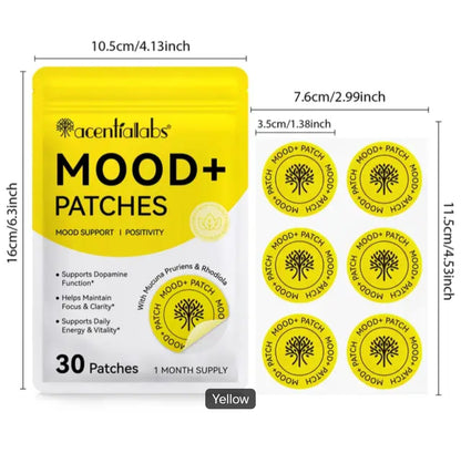 A product diagram showing the packaging and individual patches of acentalabs Mood+ Patches. The packaging is a yellow and white resealable pouch, and the right side shows six yellow circular patches with black text.