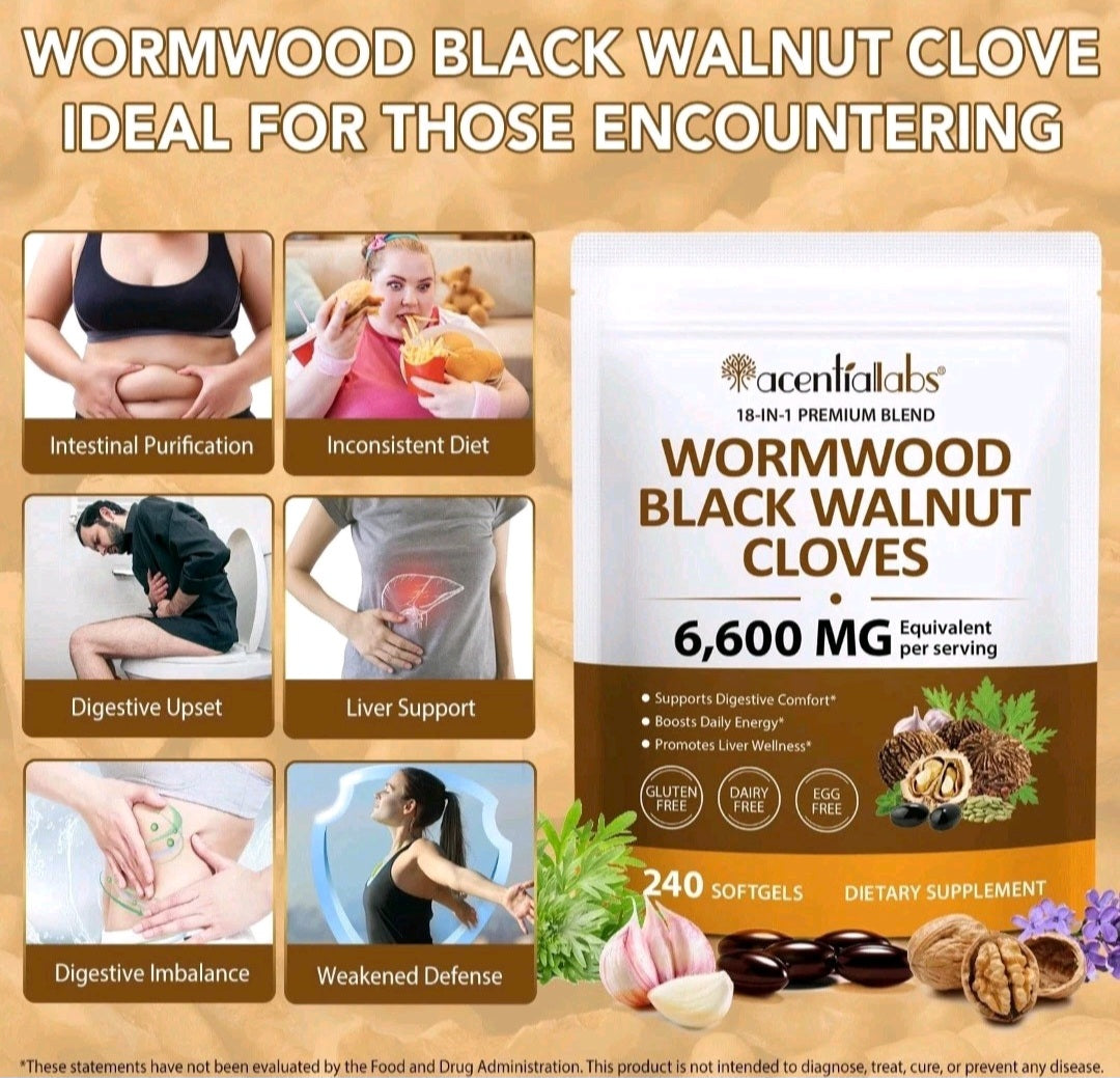 Supplement package for Wormwood Black Walnut Cloves with health benefits and product details.