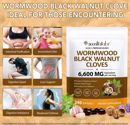 Supplement package for Wormwood Black Walnut Cloves with health benefits and product details.