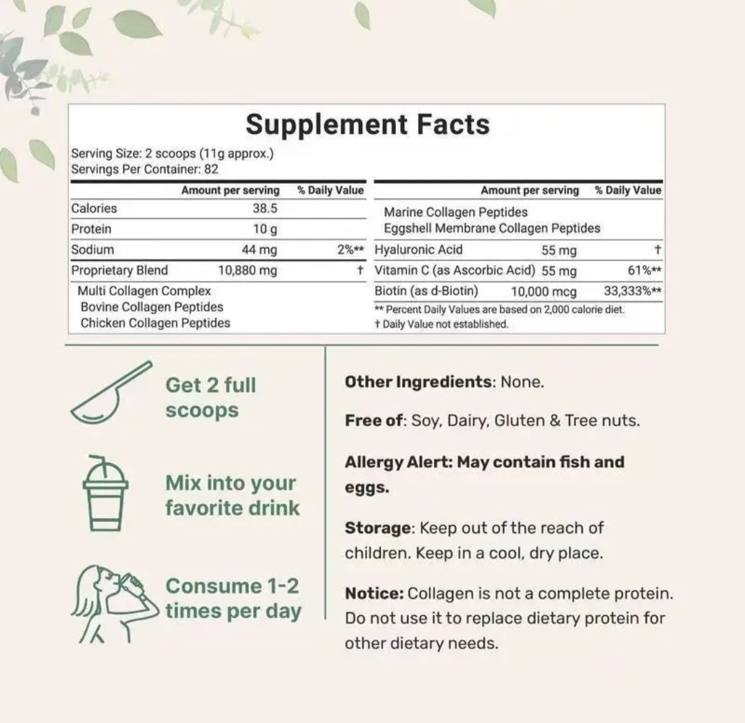 Supplement facts label with serving size, calories, protein, and other ingredients on a light background.