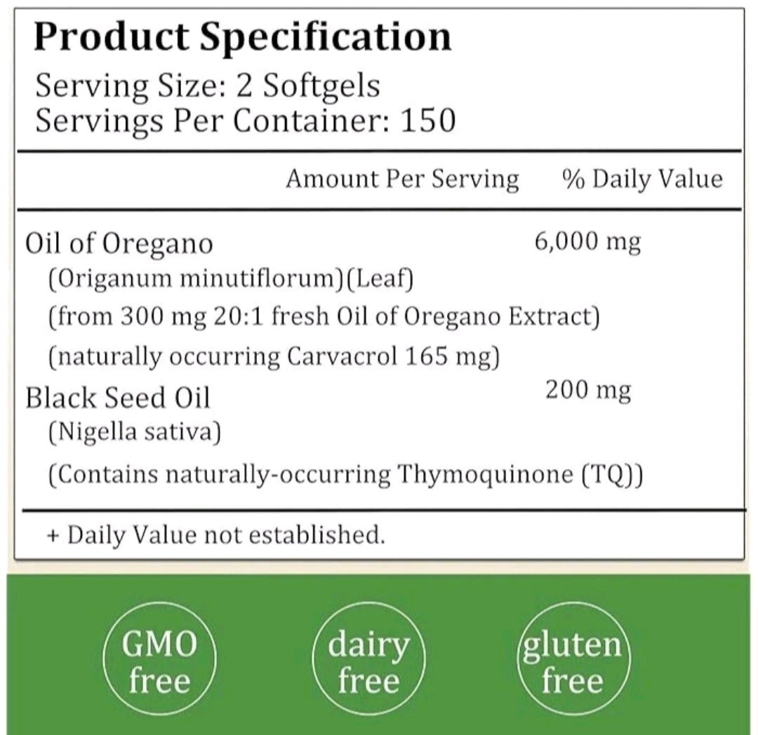 Supplement facts panel showing Oil of Oregano extract and Black Seed Oil content per serving