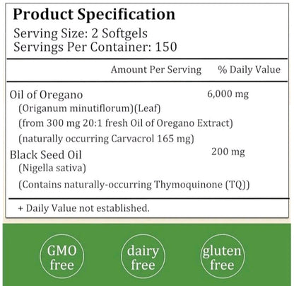 Supplement facts panel showing Oil of Oregano extract and Black Seed Oil content per serving