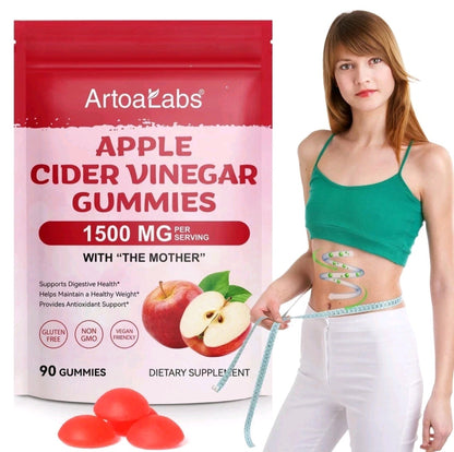 ArtoaLabs Apple cider vinegar gummies pouch shown next to a woman measuring her waist with a tape measure, with red gummies in the foreground on a white background.