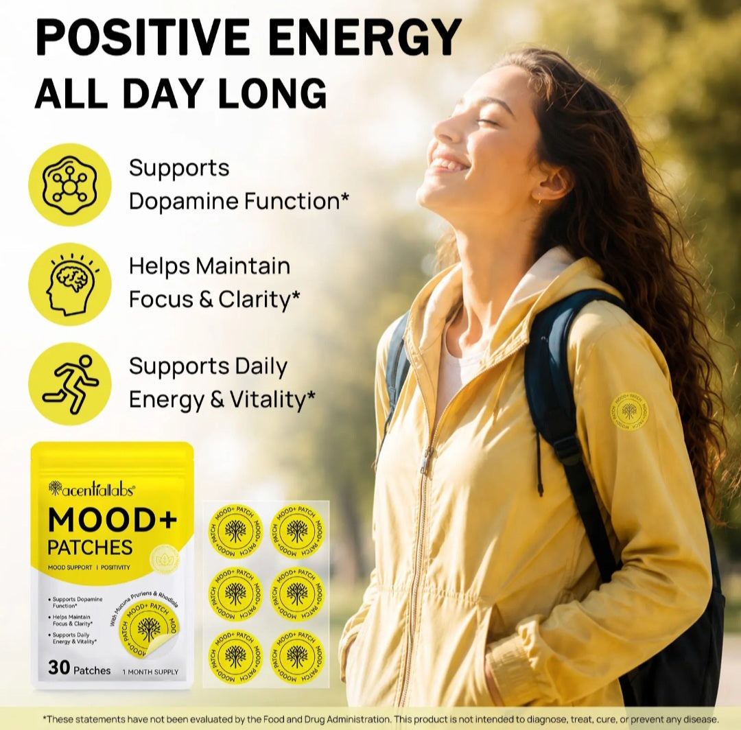 A promotional graphic for Mood+ Patches showing a woman outdoors with a yellow jacket and backpack, alongside product packaging and text claiming positive energy and support for dopamine function, focus, and vitality.