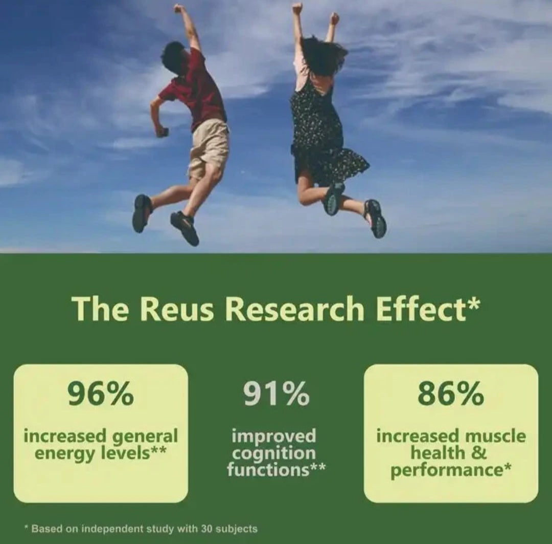 Lifestyle infographic with two people jumping above supplier research percentages for energy, cognition and muscle performance
