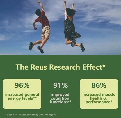 Lifestyle infographic with two people jumping above supplier research percentages for energy, cognition and muscle performance