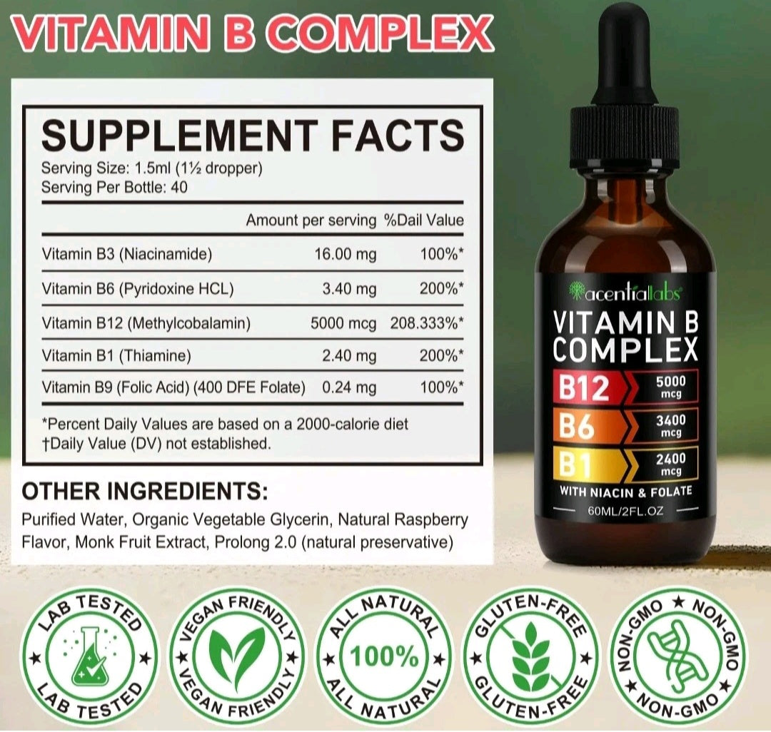Vitamin B complex supplement bottle with label and ingredient list on a green background