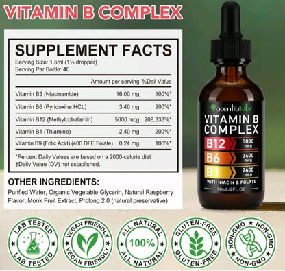 Vitamin B complex supplement bottle with label and ingredient list on a green background