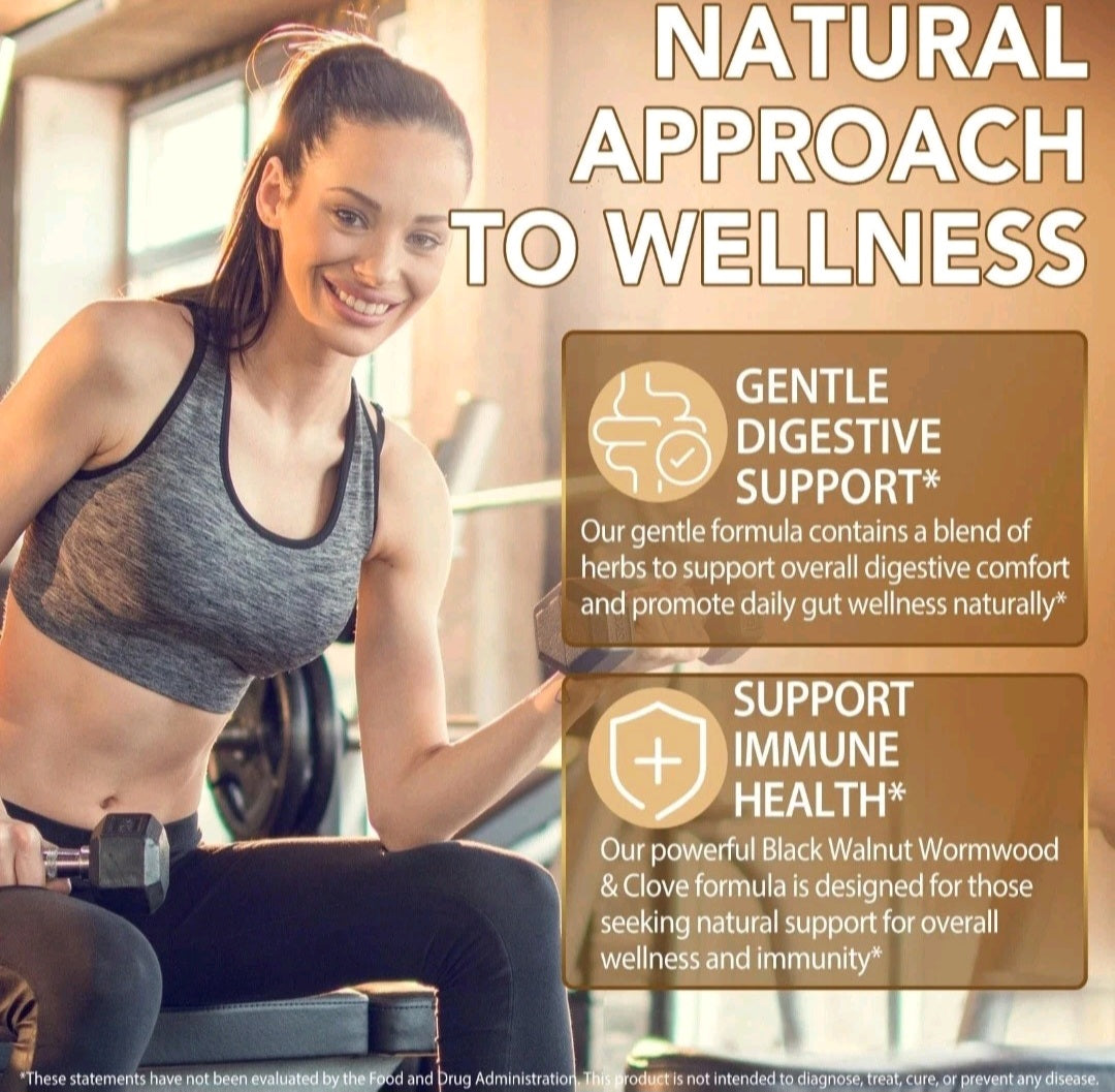 Woman exercising with text about natural approach to wellness and product benefits.