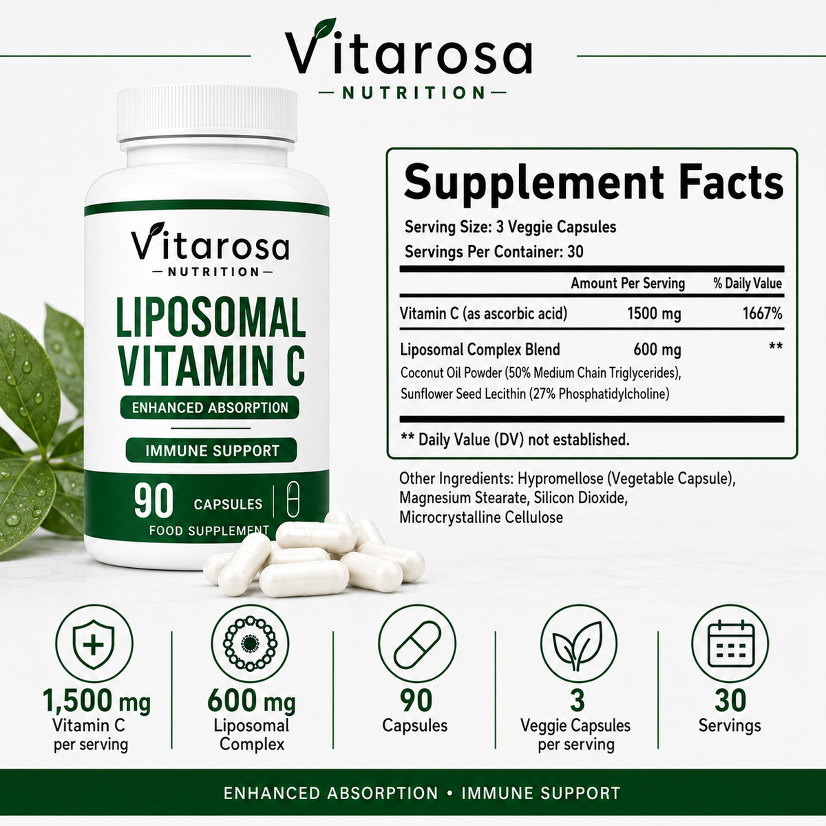 Vitarosa Liposomal Vitamin C bottle beside its supplement facts and key label details