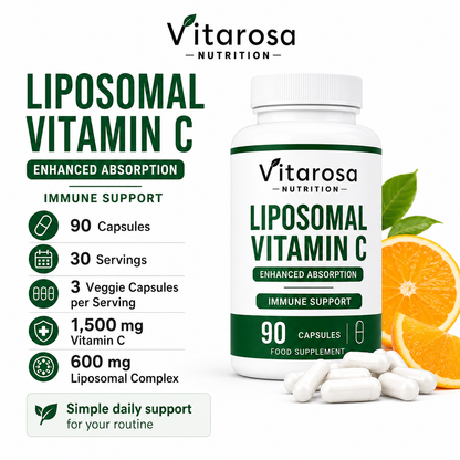 Vitarosa Liposomal Vitamin C bottle with oranges and key product details