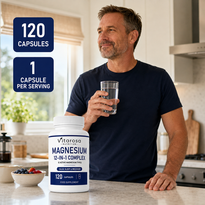 Man taking Vitarosa Magnesium 12-in-1 Complex with water