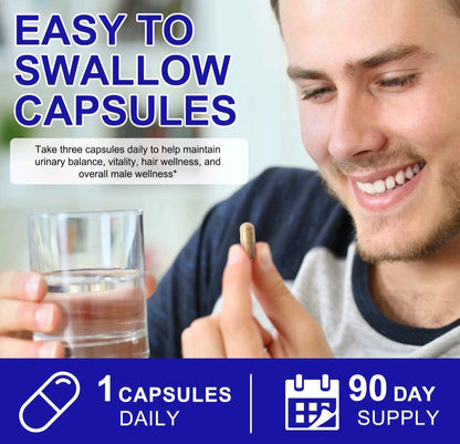 Man holding a Lemn Cortisol Support capsule beside a glass of water and 90-capsule information