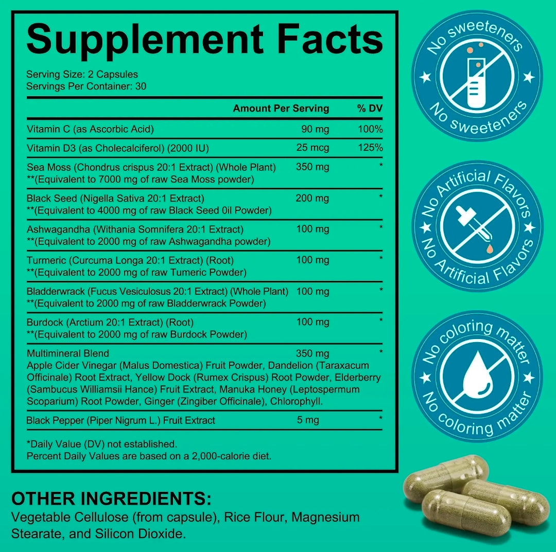 Supplement Facts label for Sea Moss Black Seed Oil capsules showing vitamins, herbal ingredients, nutritional information and no artificial flavours or sweeteners icons.