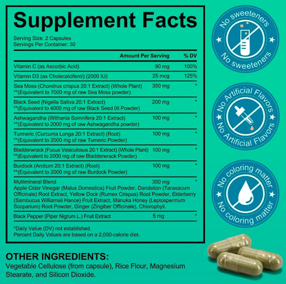 Supplement Facts label for Sea Moss Black Seed Oil capsules showing vitamins, herbal ingredients, nutritional information and no artificial flavours or sweeteners icons.
