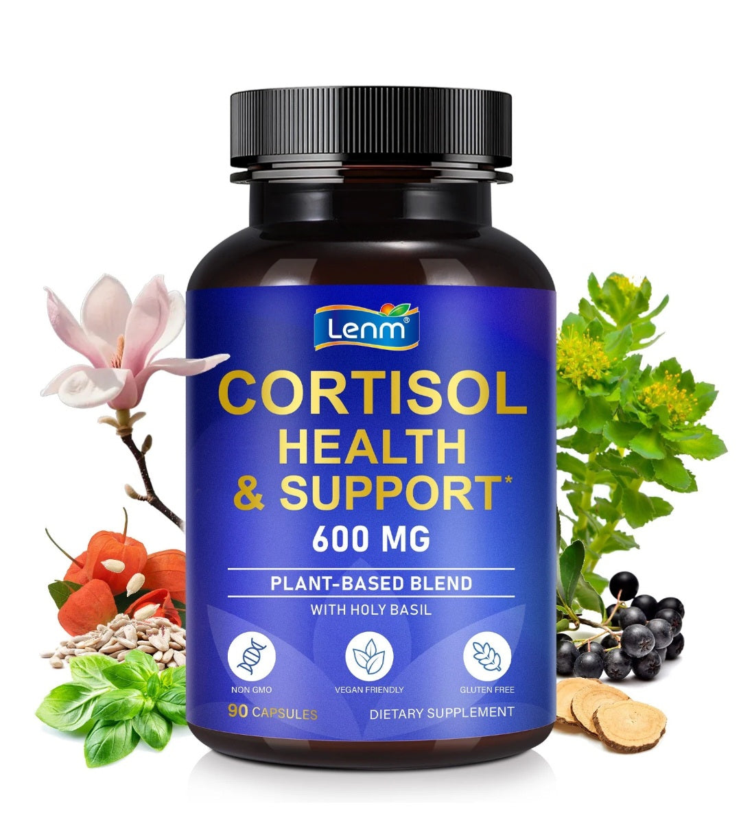 Lemn Cortisol Health & Support 600mg bottle with botanical ingredient illustrations