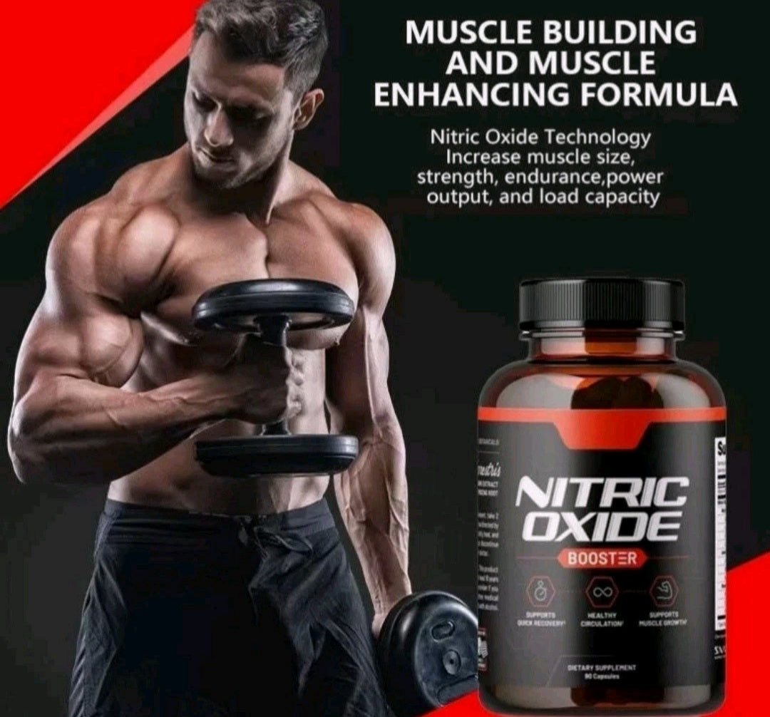 Man holding a dumbbell beside a Nitric Oxide Booster bottle and promotional text.