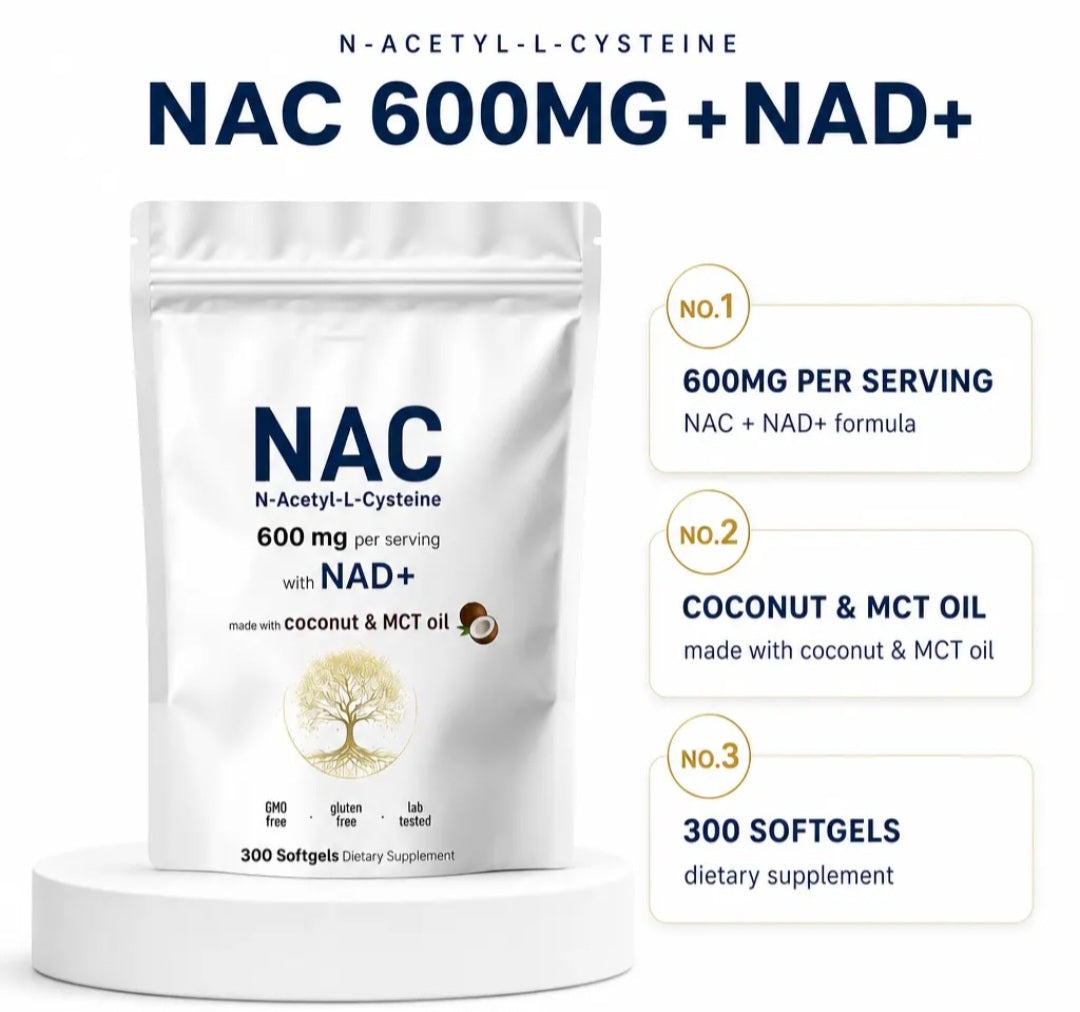 NAC 600mg with NAD+ 300-softgel pouch with coconut and MCT oil feature callouts.