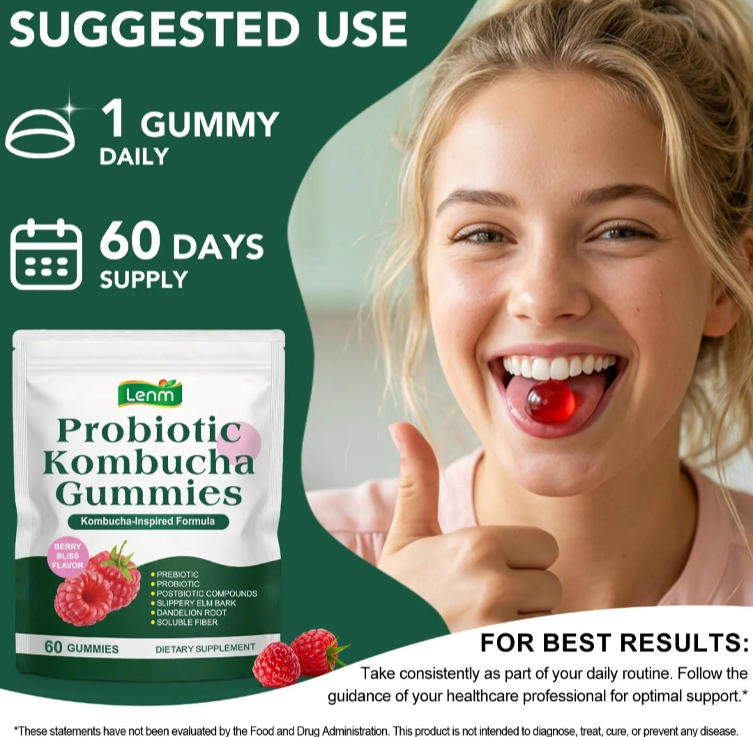 Probiotic kombucha gummies packaging with a woman eating a gummy and text about suggested use.
