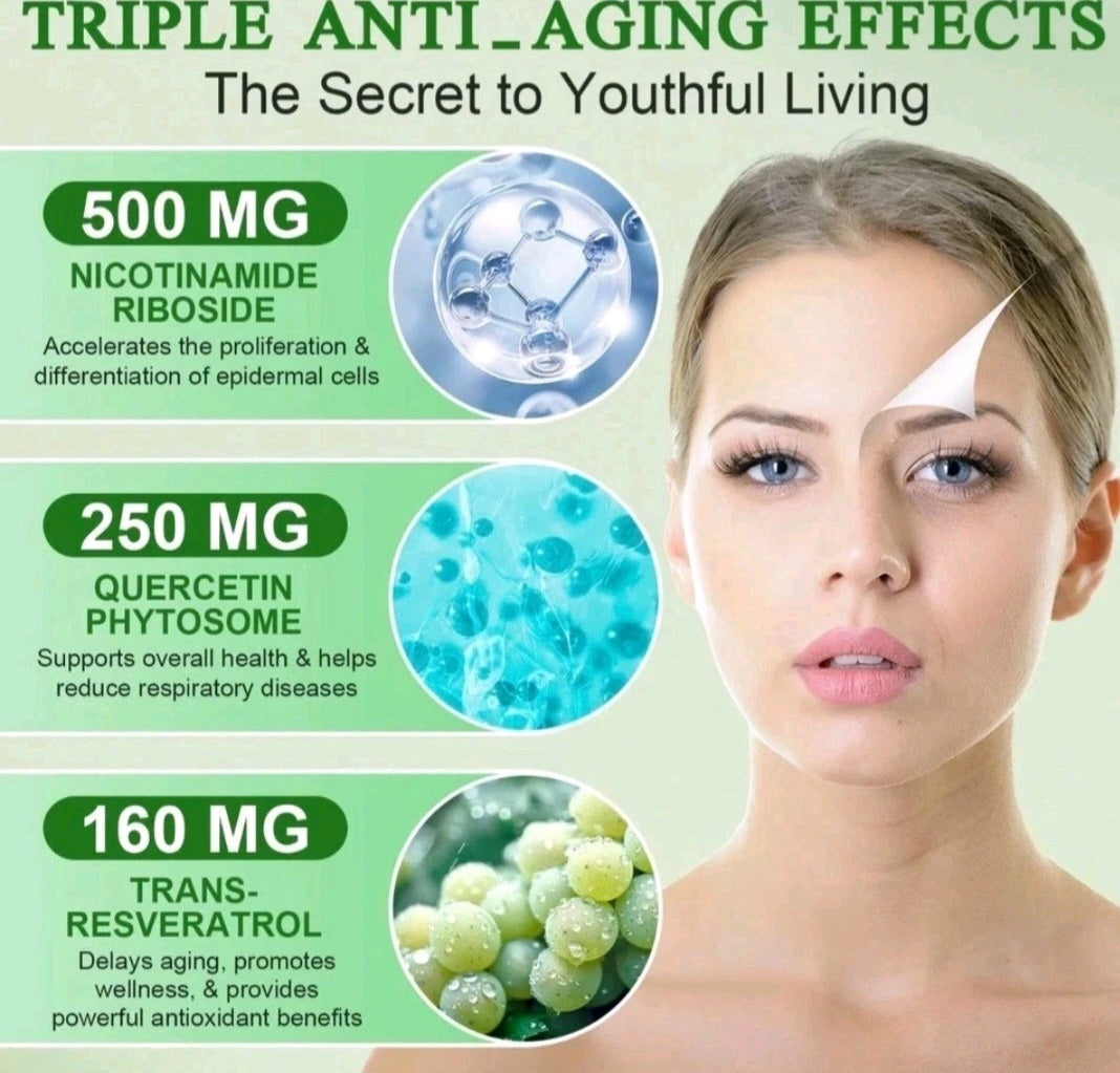 Advertisement for a skincare product with ingredients and benefits on a green background
