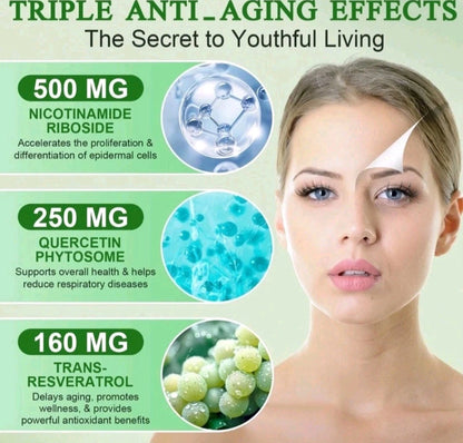 Advertisement for a skincare product with ingredients and benefits on a green background