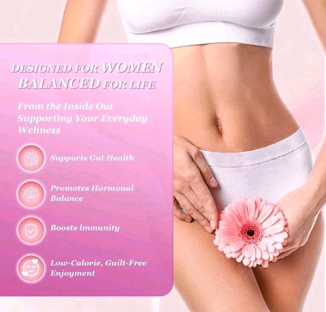 Product packaging for women's health with a pink background and text.