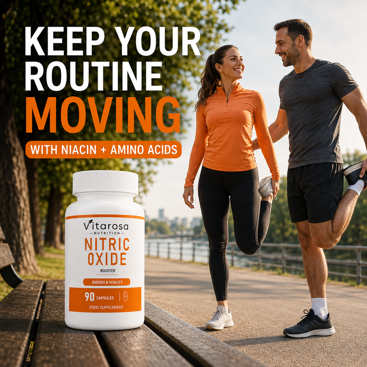 Runners outdoors beside Vitarosa Nitric Oxide Booster bottle