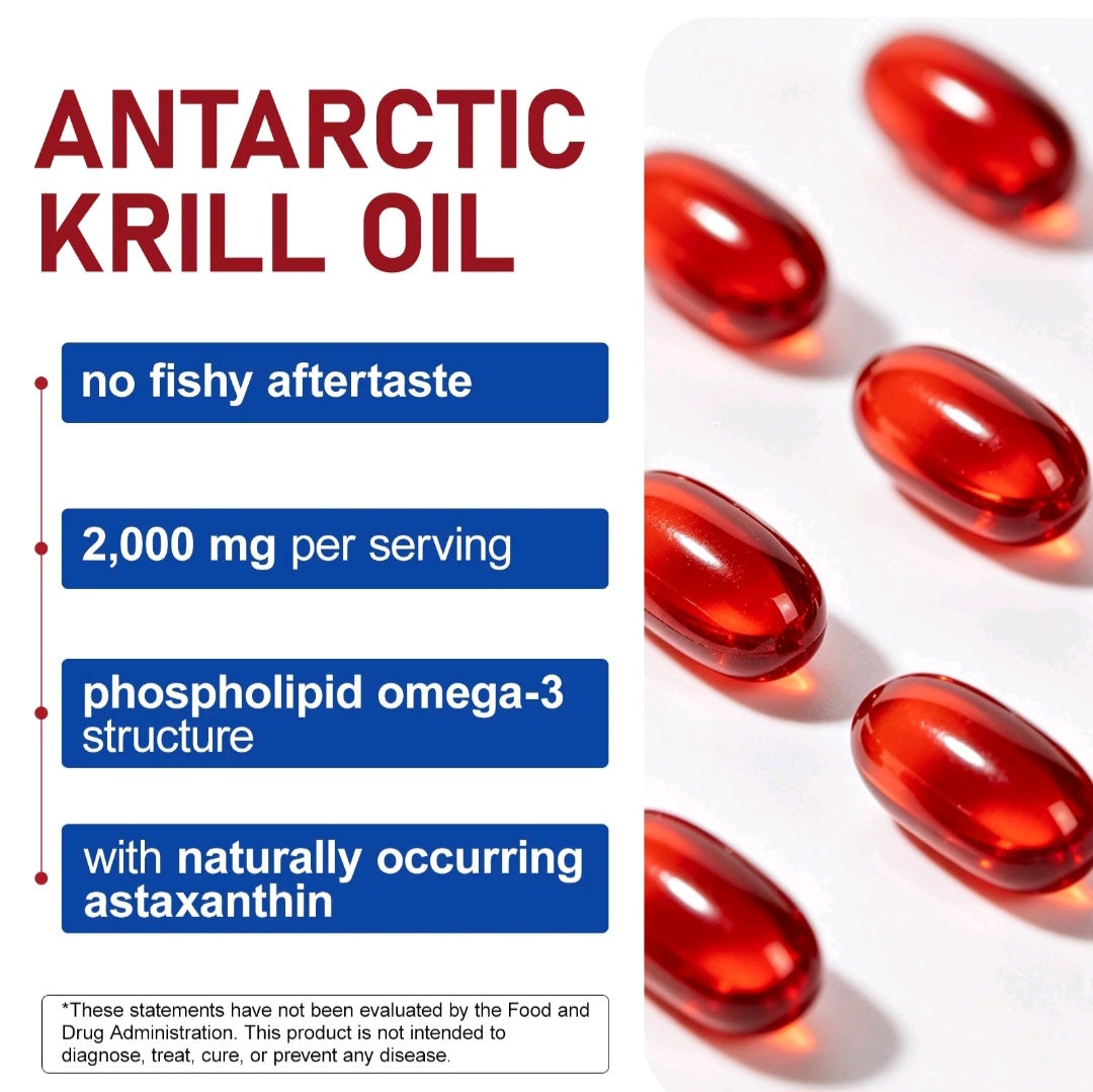 Antarctic krill oil supplement capsules shown on a white background with text callouts about no fishy aftertaste, 2,000 mg per serving, phospholipid omega-3 structure, and naturally occurring astaxanthin.