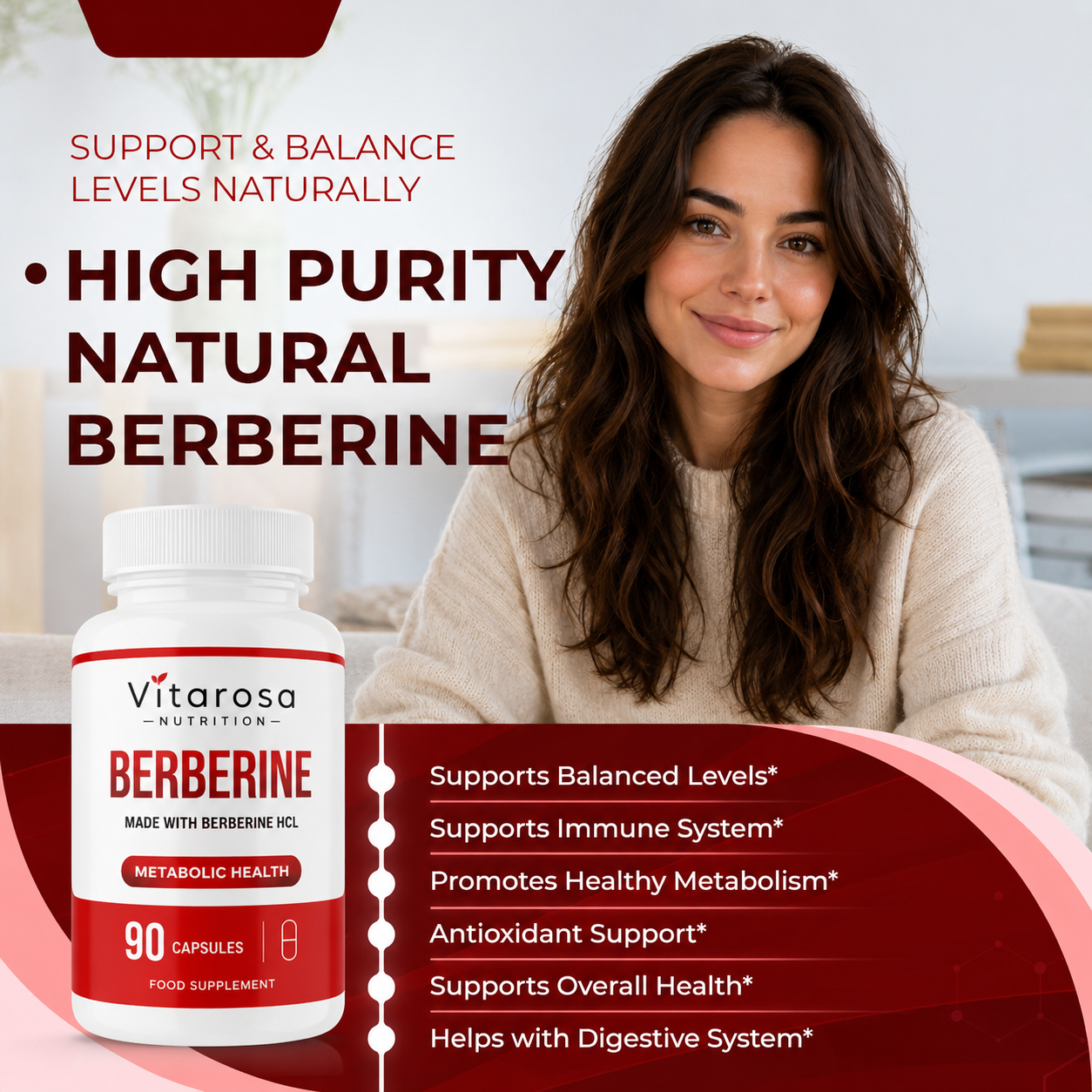 Vitarosa Nutrition Berberine supplement bottle shown in front of a smiling woman in a cozy indoor setting, with promotional text highlighting high purity natural berberine and benefits.