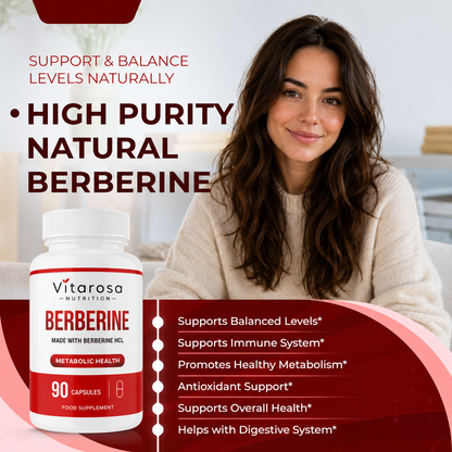 Vitarosa Nutrition Berberine supplement bottle shown in front of a smiling woman in a cozy indoor setting, with promotional text highlighting high purity natural berberine and benefits.