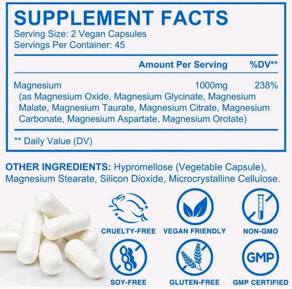 Supplement facts label with magnesium content and product details on a white background